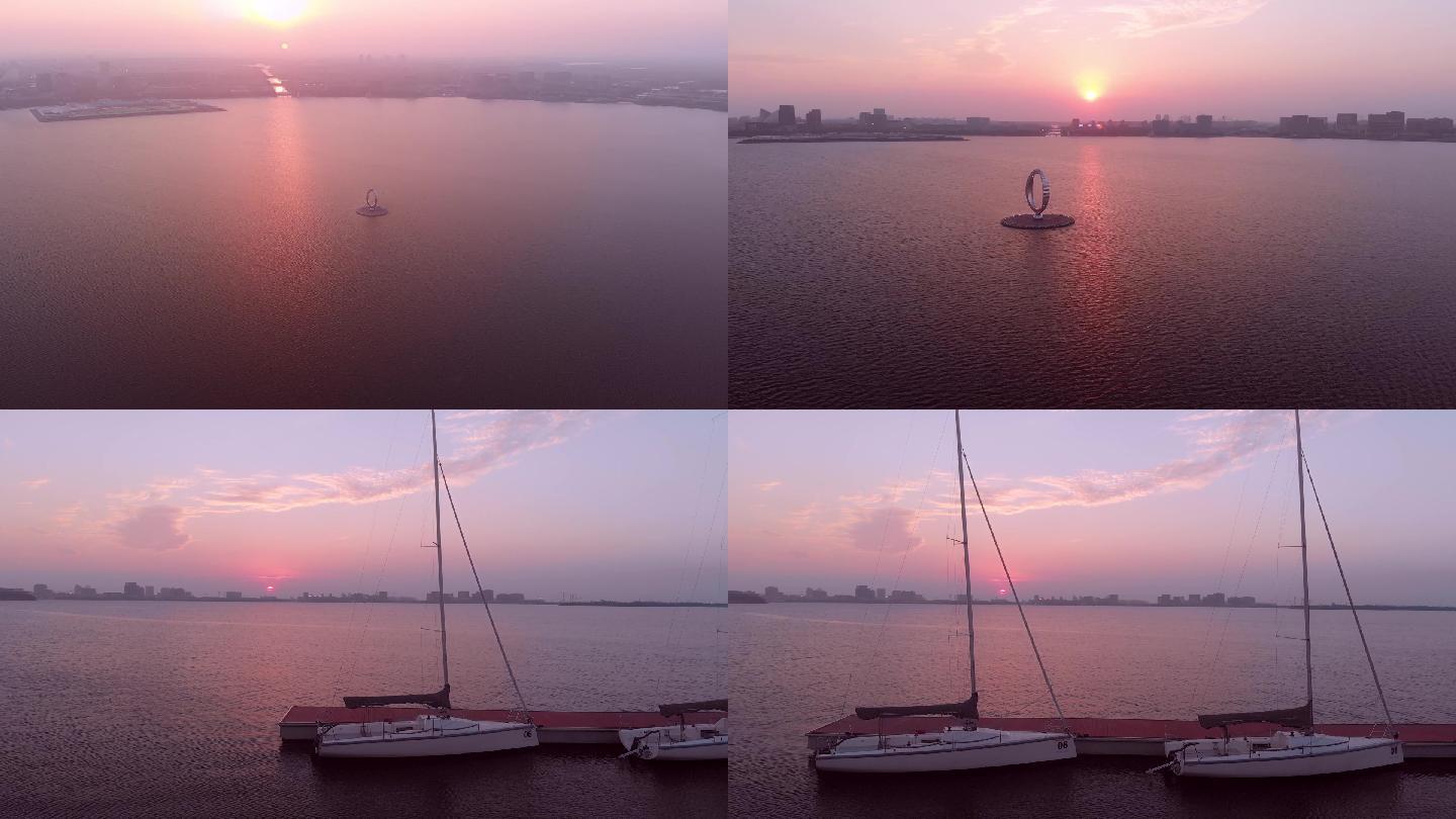 日落航拍上海南汇临港滴水湖标志4K绝美