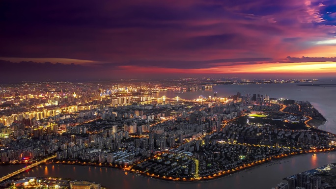 海南海口城市夜景江东晚霞延时4k