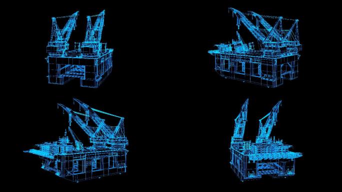 蓝色线框全息科技水上钻井平台动画