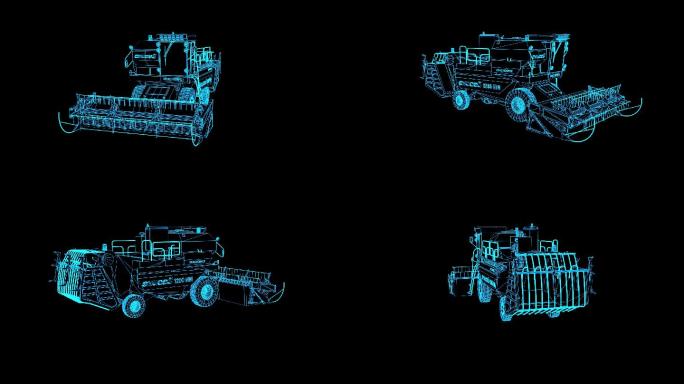 蓝色线框全息科技收割机3动画素材带通道
