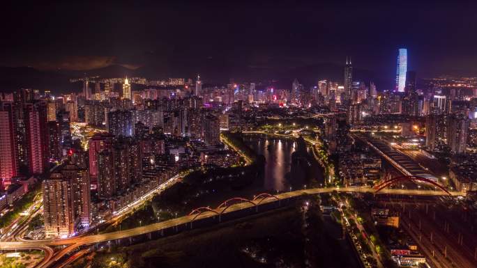 深圳罗湖区洪湖公园航拍延时夜景4K