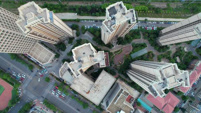 傍晚城市建筑天空夕阳航拍