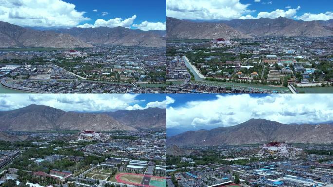 西藏拉萨河布达拉宫城市航拍