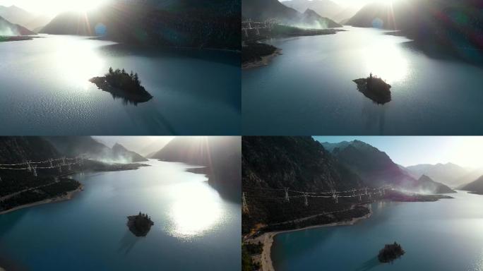 4k西藏风光视频清晨薄雾高原湖泊湖心小岛