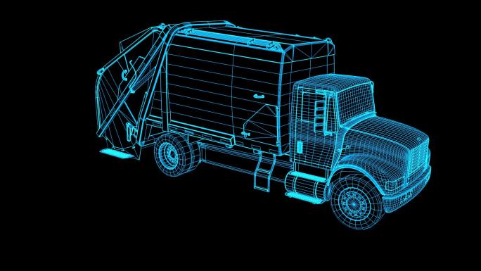 蓝色线框全息科技环卫车动画素材带通道