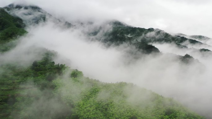 航拍雨后浙江山区云雾