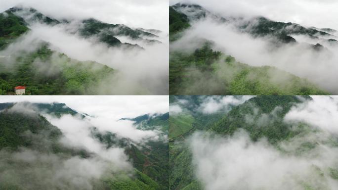 航拍雨后浙江山区云雾