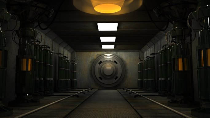 未来感的隧道中圆形门打开