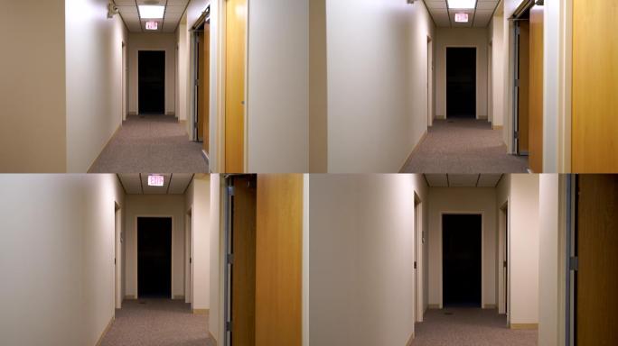 稳定的镜头沿着走廊移动，进入黑暗的房间
