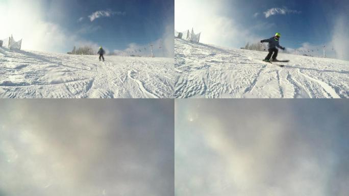 冬季活动。晴天在山上滑雪