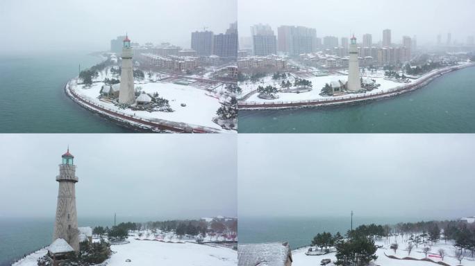 威海悦海公园灯塔雪景航拍