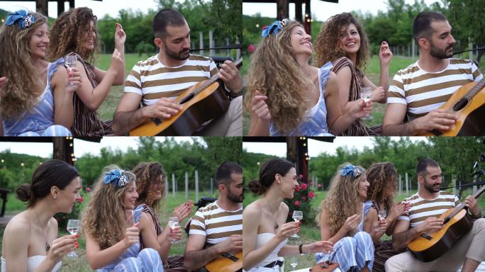 一群朋友弹吉他、唱歌、喝酒