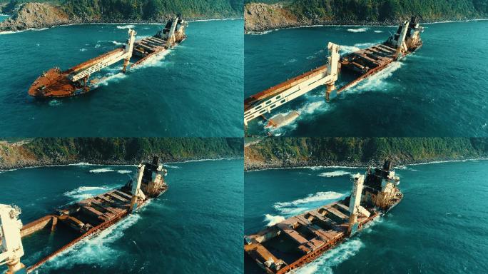 沉船、搁浅的船的无人机镜头