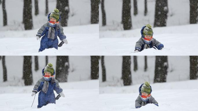 快乐的孩子在雪中玩耍