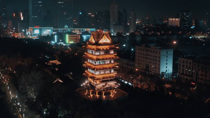 合肥市包公园清风阁夜景城市古建筑航拍