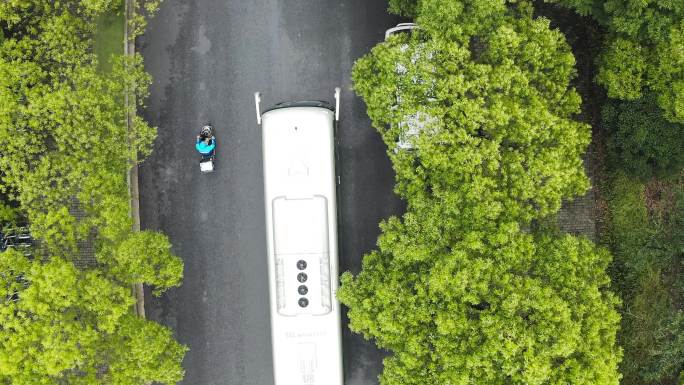 上帝视角航拍交通车接驳车行驶于树荫道路间