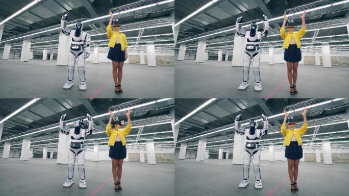 戴着虚拟现实眼镜的女人控制机器人移动手臂