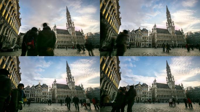 时间流逝：布鲁塞尔市市政厅大广场日落