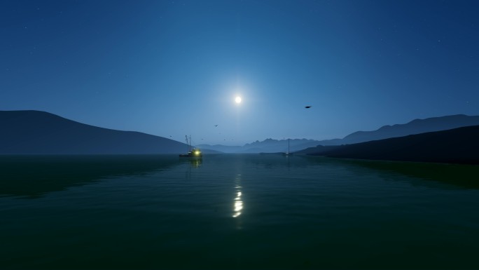 夜景宁静月光河流湖水面船舶调性