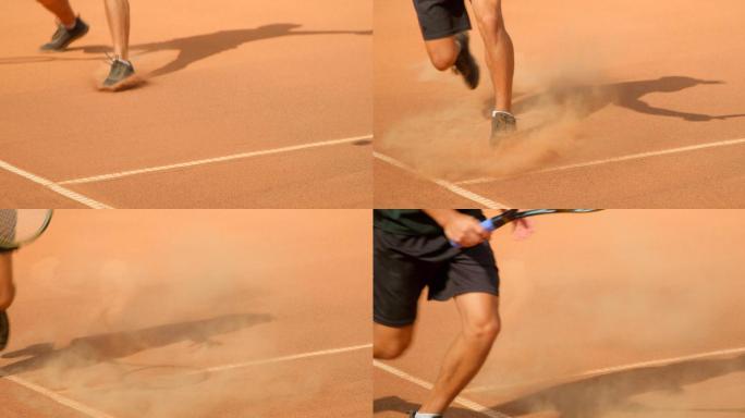 网球运动员滑过红土场地击球。