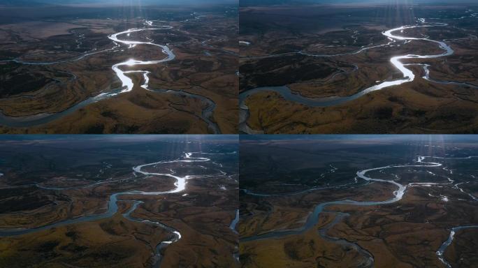 4k西藏风光江河上游逆光高原河流勾画图案