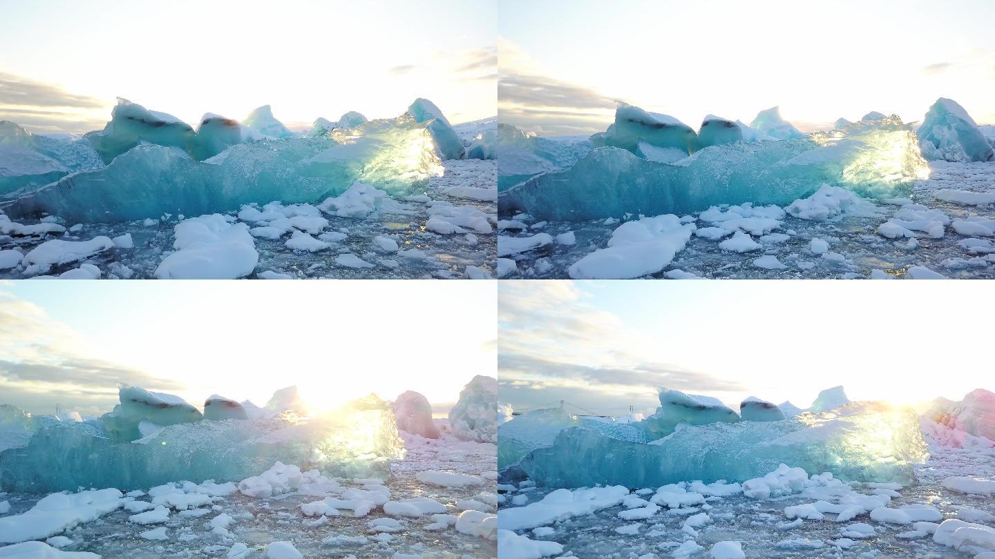 4K冰岛冰河湖航拍逆光低角度