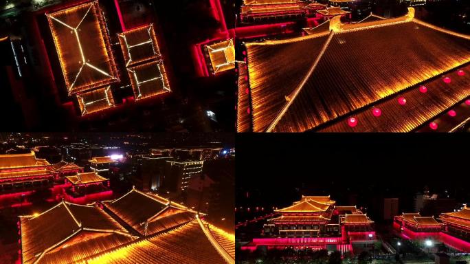 西安大唐不夜城音乐厅夜景航拍摄影素材4k