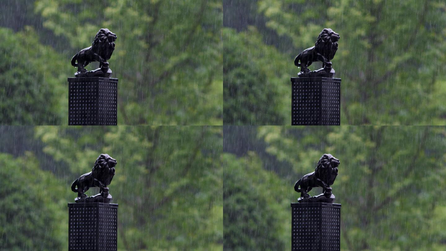 雨中的雄狮灯柱