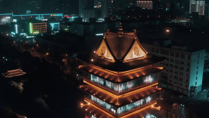 合肥市包公园清风阁夜景城市古建筑航拍