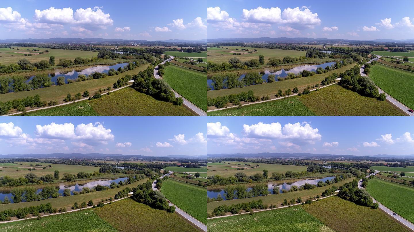 多瑙河漫滩多瑙河航拍多瑙河视频蓝天白云