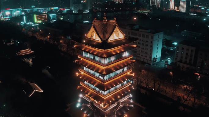 合肥市包公园清风阁夜景城市古建筑航拍4K