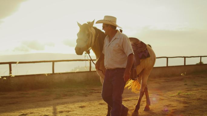 牛仔在日落时牵着一匹马