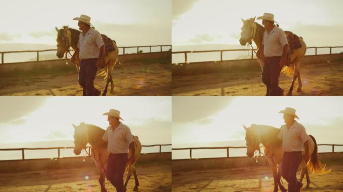 牛仔在日落时牵着一匹马