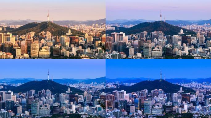 韩国首尔城市天际线从白天到夜晚景观。