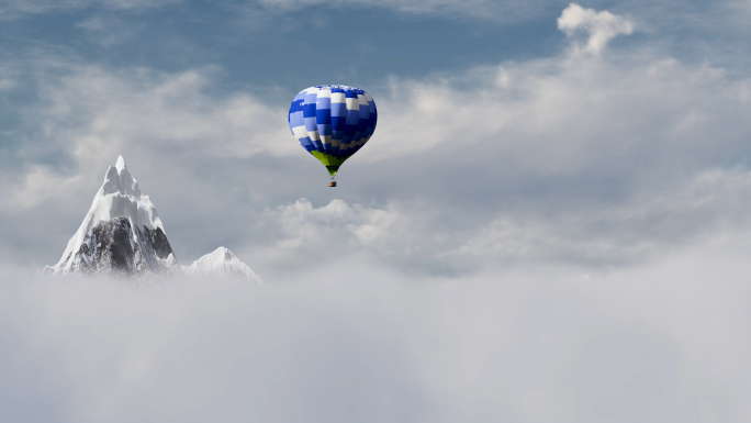 热气球飘入云层蓝天穿越天空雪山山顶巅峰
