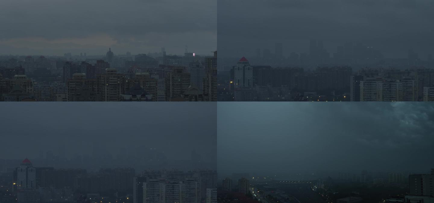 北京暴雨来临，城市延时乌云密布，闪电延时