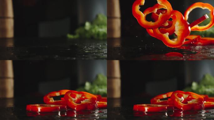 新鲜的红甜椒片餐饮素材特写镜头落下掉落