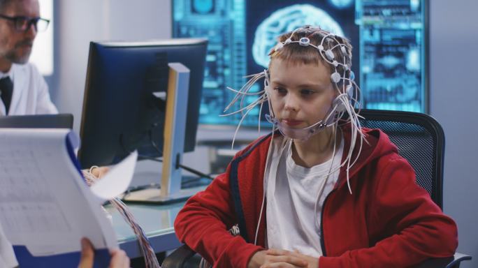男孩接受脑电图脑部测试