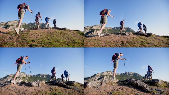 带假肢的人和朋友在山上徒步旅行