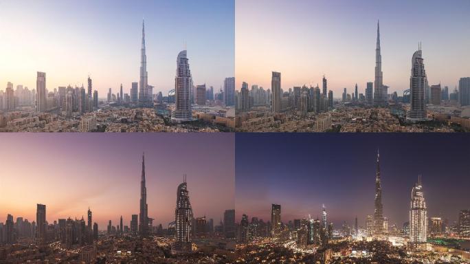 迪拜日落时的城市天际线和城市景观