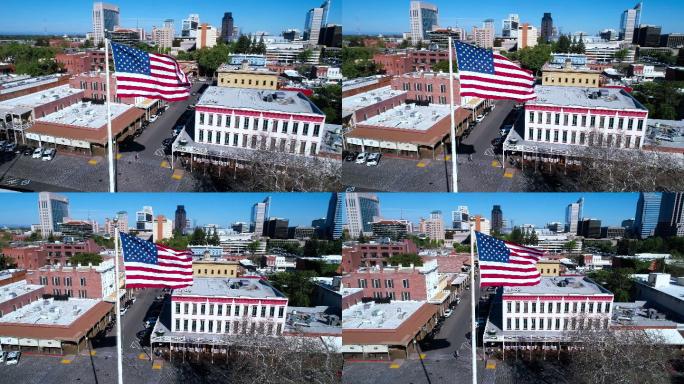 美国国旗飘扬在市中心