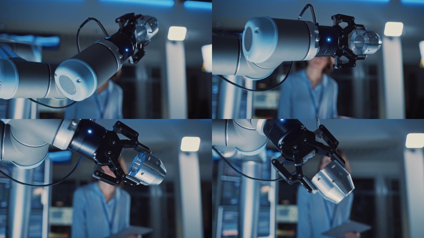未来机器人手臂移动金属细节的特写镜头。