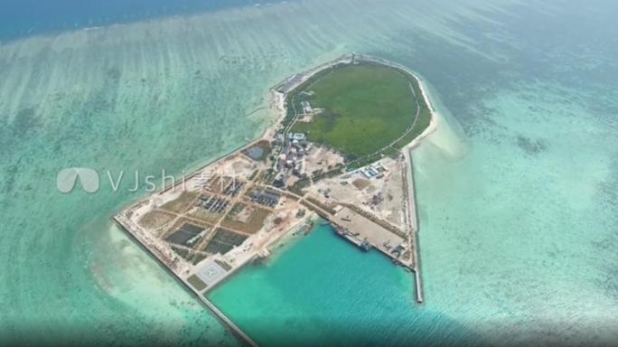 航拍南海西沙群岛赵述岛海岛岛礁开发建设