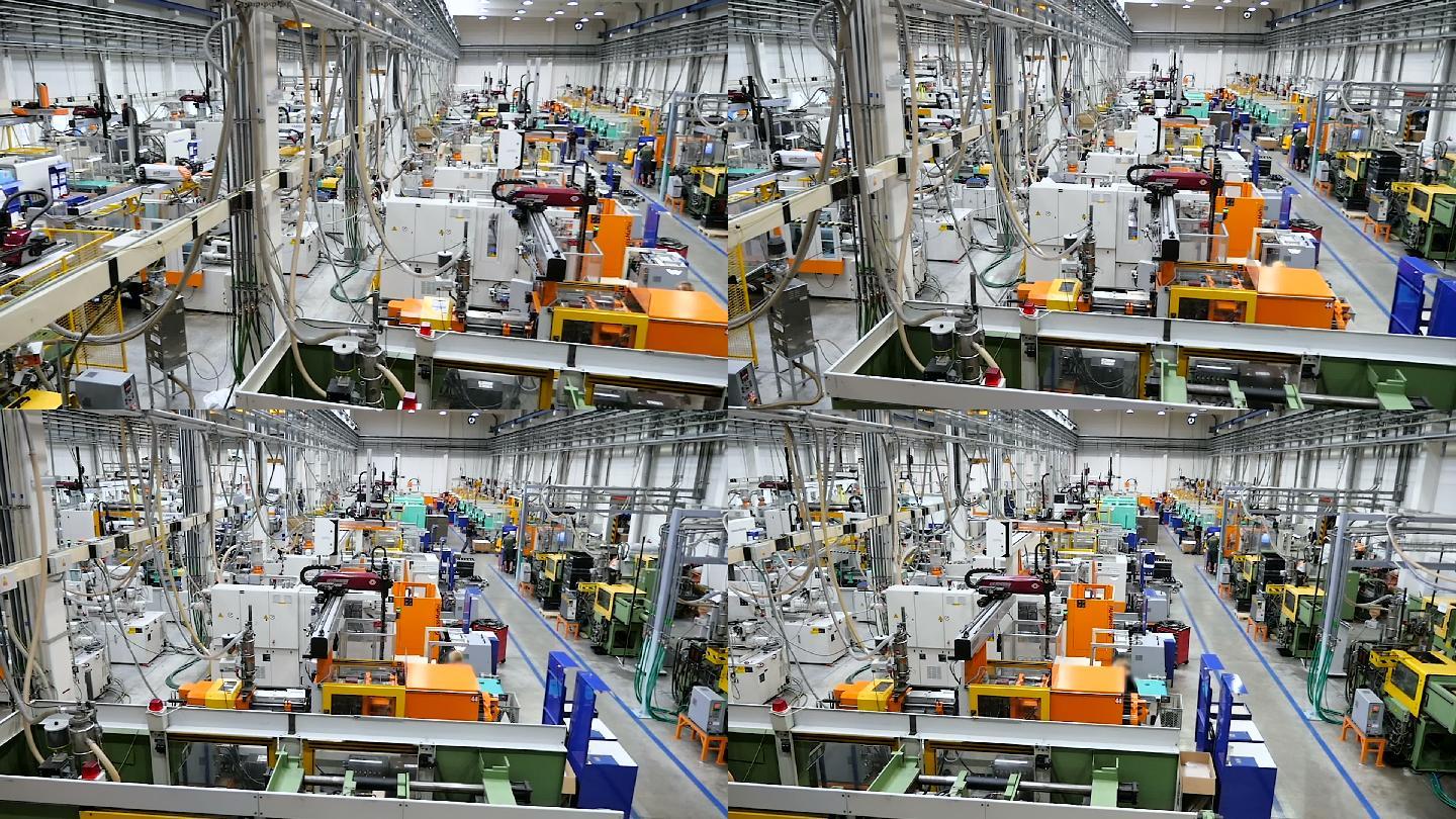 注塑厂鸟瞰图生产线工人工厂自动化