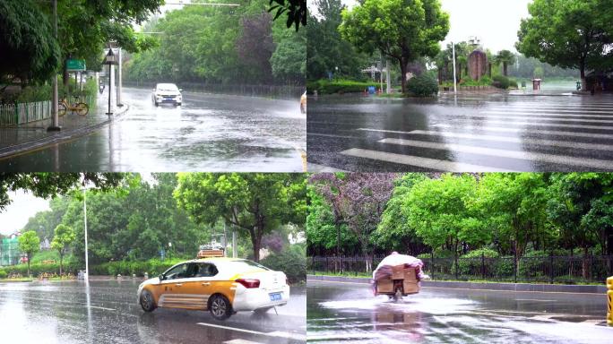 大雨车辆湿滑路面行驶溅起大水花