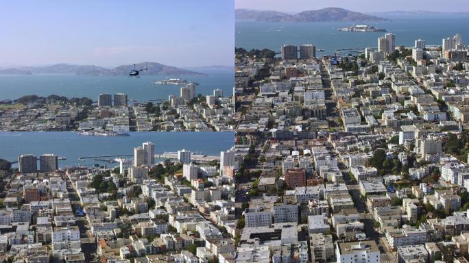 晴天直升机飞越旧金山