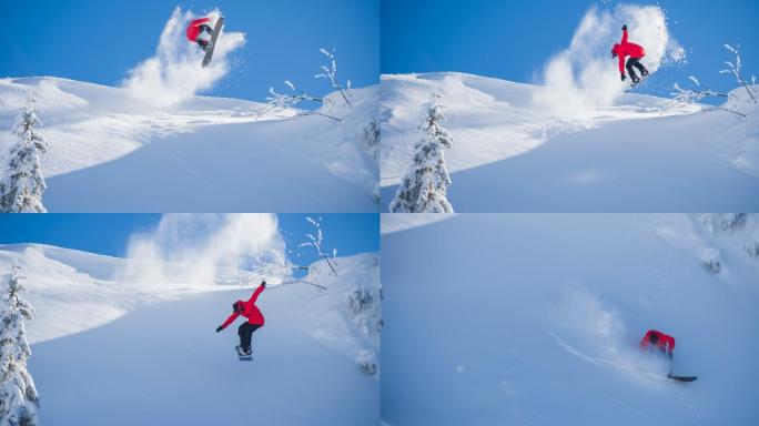 在阳光明媚的冬日表演特技的滑雪运动员
