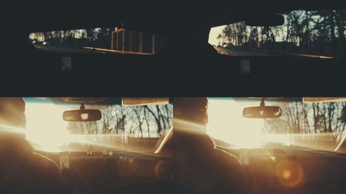 日落时开车上路的年轻人