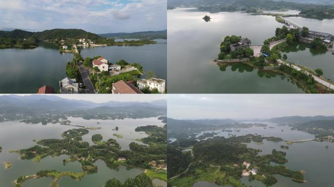 航拍湖南岳阳铁山水库湖光山色山水人家