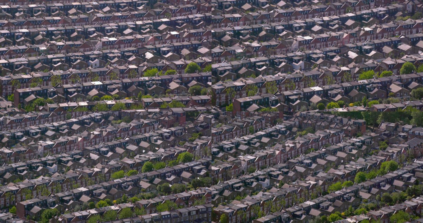 一排排维多利亚式郊区住宅鸟瞰图